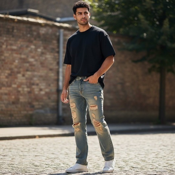 Men's Ripped‎ Straight Jeans - Picture 2 of 6